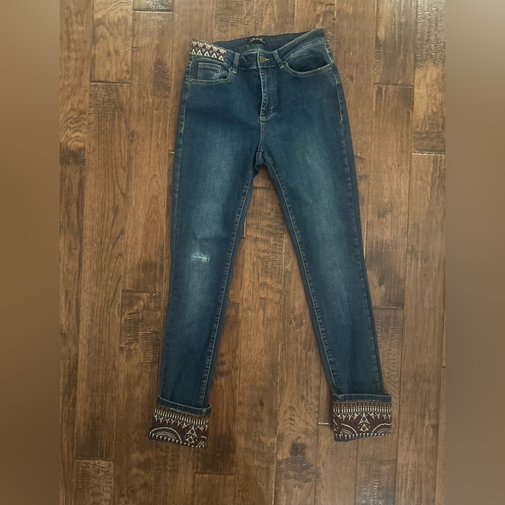 CHARLIE B Dark Blue Skinny Jeans with Embroidered Cuffs